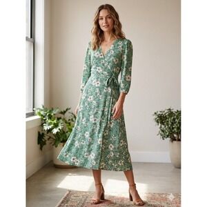 Women's monteau Los Angeles Green Floral Midi Wrap Dress V-Neck 3/4 Sleeve S